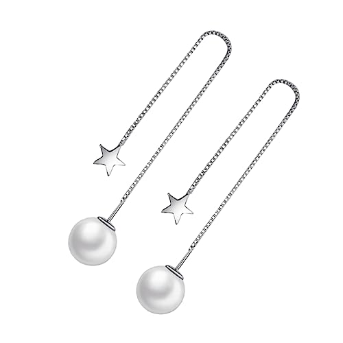 VERDANVERSE Silberne Lange Ohrhänger mit Perlen und Stern Anhänger Silber Weißkupfer mit Weißgoldbeschichtung Tropfen Ohrringe für Damen Modischer Schmuck für Besondere Anlässe von VERDANVERSE