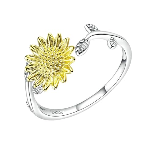 VERDANVERSE Sonnenblumenring Sterling Silber Eleganter Verstellbarer Offener Ring mit Einzigartigem Blattdesign für Damen Perfektes für Freundin Mutter oder Besondere Anlässe von VERDANVERSE