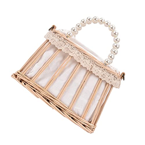 VERDANVERSE Strandtasche Damen Strohtasche mit Perlen Henkel Moderater Drawstring Korb Handtasche Vielseitige Umhängetasche Schultertasche Leichte Sommer Crossbody Bag für Alltag und Urlaub von VERDANVERSE