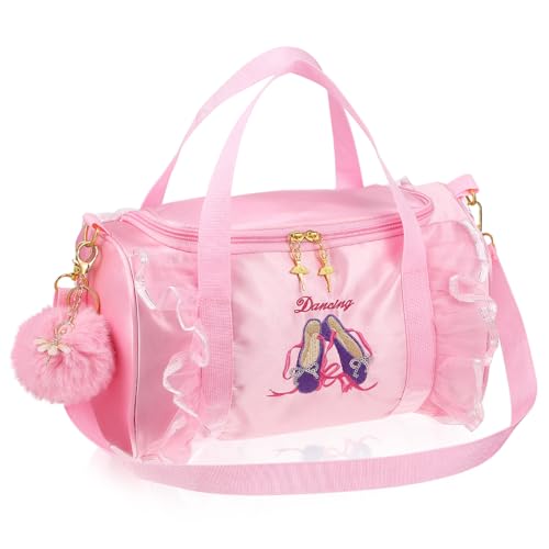 VERDANVERSE Tanztasche für Mädchen mit Besticktem Ballettschuh motiv und Spitzenbesatz Große Kapazität Hand Umhängetasche Inklusive Flauschigem Bommel schlüsselanhänger für Ballett Turnen und von VERDANVERSE