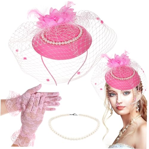 VERDANVERSE Vintage Fascinator Headband Set mit Perlenkette und Handschuhen Jahre Tea Party Kopfschmuck Damen Retro English Style für Hochzeit Ball Tanz und Festliche Anlässe von VERDANVERSE