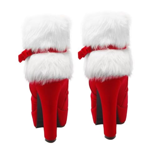 VERDANVERSE Weihnachtliche Damen Ankle Boots mit Dicker Sohle Plüschfutter Hohem Absatz und Schleifenverzierung Warme Winter Stiefeletten für Kalte Tage Rutschfest und Kurzschaft von VERDANVERSE