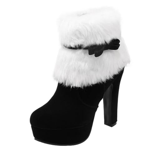 VERDANVERSE Weihnachtliche Damen Ankle Boots mit Elegantem Schleifendetail Hoher Absatz Kuscheliges Plüschfutter Seitlichem Reißverschluss Wasserdichte Kurzstiefel für Kalte Wintertage Schwarz von VERDANVERSE