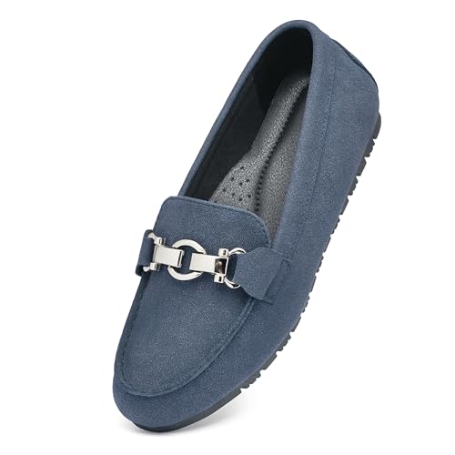 VERDASCO Damen Breite Loafers Schuhe Niedliche Flats Schuhe Mokassin Penny Loafers Slip On Arbeitsschuhe Freizeitschuhe Damen Komfort Wanderschuhe, Blau-Nubuk, 39 EU von VERDASCO
