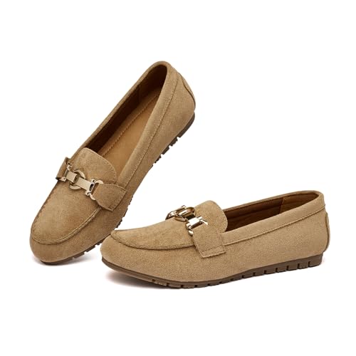 VERDASCO Damen Breite Loafers Schuhe Niedliche Flats Schuhe Mokassin Penny Loafers Slip On Arbeitsschuhe Freizeitschuhe Damen Komfort Wanderschuhe, Khaki-Samt, 40 EU von VERDASCO