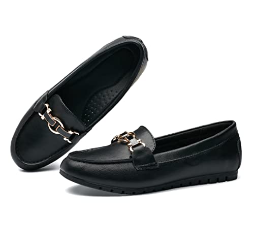 VERDASCO Damen Breite Loafers Schuhe Niedliche Flats Schuhe Mokassin Penny Loafers Slip On Arbeitsschuhe Freizeitschuhe Damen Komfort Wanderschuhe, Leder schwarz, 39 EU von VERDASCO