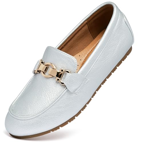 VERDASCO Damen Loafers Comfort Slip-Ons Flache Arbeitsschuhe Casual Mokassins Penny Loafers Lady Dress Schuhe, silber, 39.5 EU von VERDASCO