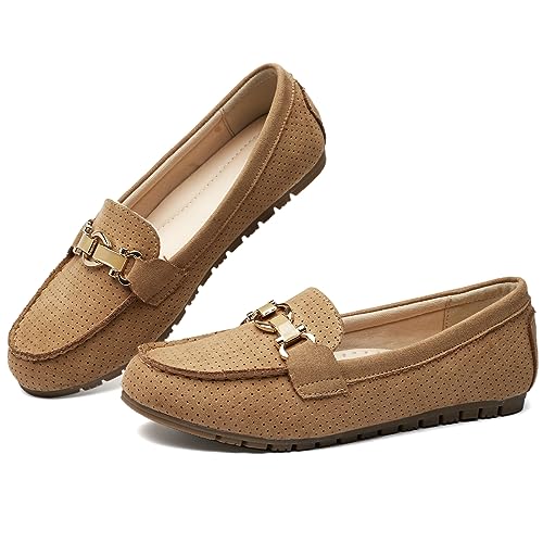 VERDASCO Damen Loafers Flache Schuhe Mokassin Penny Loafers Slip On Arbeitsschuhe Casual Comfort Damen Wanderschuhe, Hellbrauner Stoff, 39 EU von VERDASCO