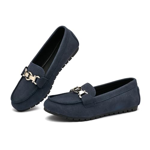 VERDASCO Damen Loafers Slip On Flats Schuhe Komfort Fahrschuhe Mokassin Penny Loafer für Damen, Blau-Nubuk W, 40 EU von VERDASCO