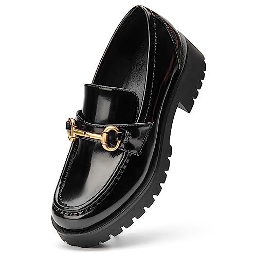 VERDASCO Damen Plateau Loafers Chunky Heel Loafers Schuhe Komfort Slip On Arbeitsschuhe Mode Kleid Schuhe, Schwarz und Gold, 37.5 EU von VERDASCO