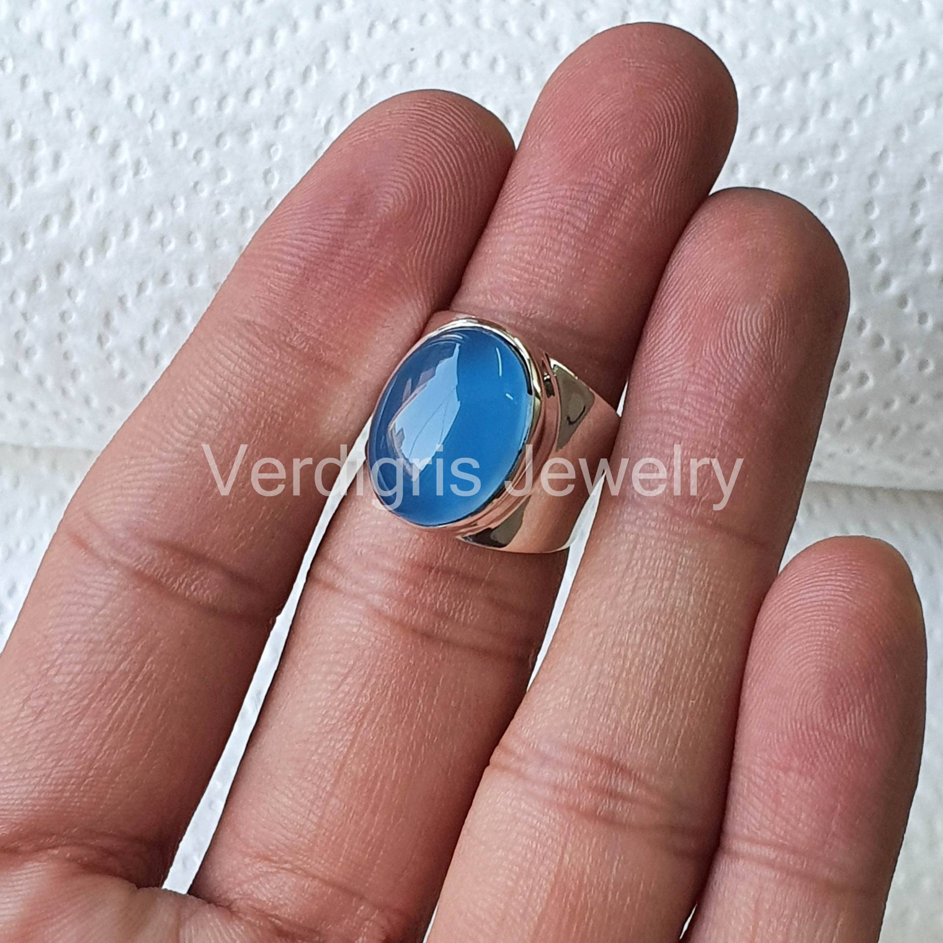 Blauer Chalcedon Ring Handgemacht in Sterling Silber, Natürlicher Edelstein, Edelstein Schmuck, Silberring, Geburtsstein Ring, Jubiläumsgeschenk von VERDIGRISJEWELLERY