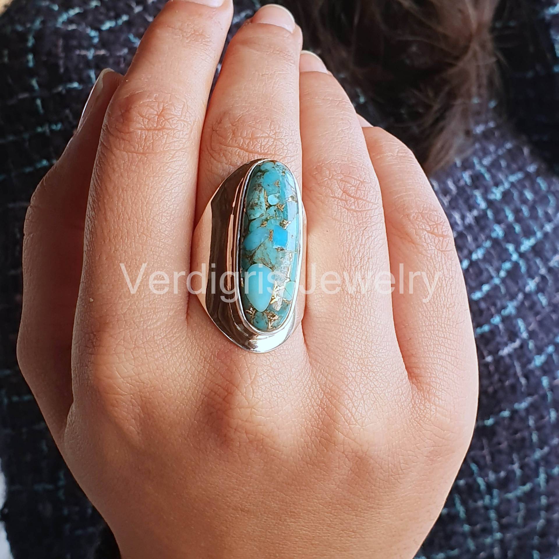 Blauer Kupfer Türkis Edelstein Ring Handgefertigt in Sterling Silber, Boho, Dezember Geburtsstein, Natürlicher Schmuck, Weihnachtsgeschenk von VERDIGRISJEWELLERY