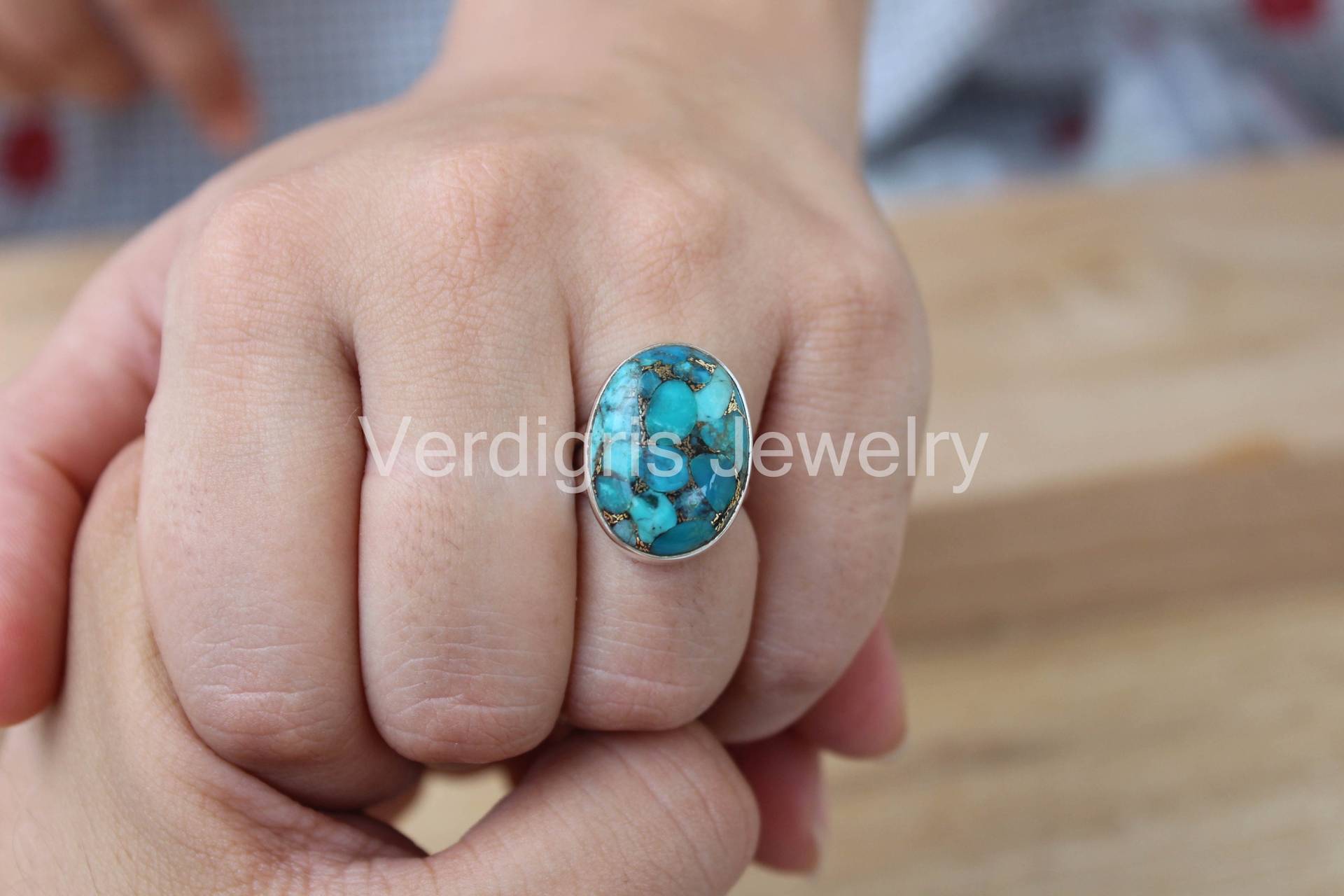 Blauer Kupfer Türkis Ring Handgemacht in 925 Sterling Silber, Edelstein Schmuck Für Frauen, Weihnachtsschmuck, Dezember Geburtsstein Ring, Ringe von VERDIGRISJEWELLERY