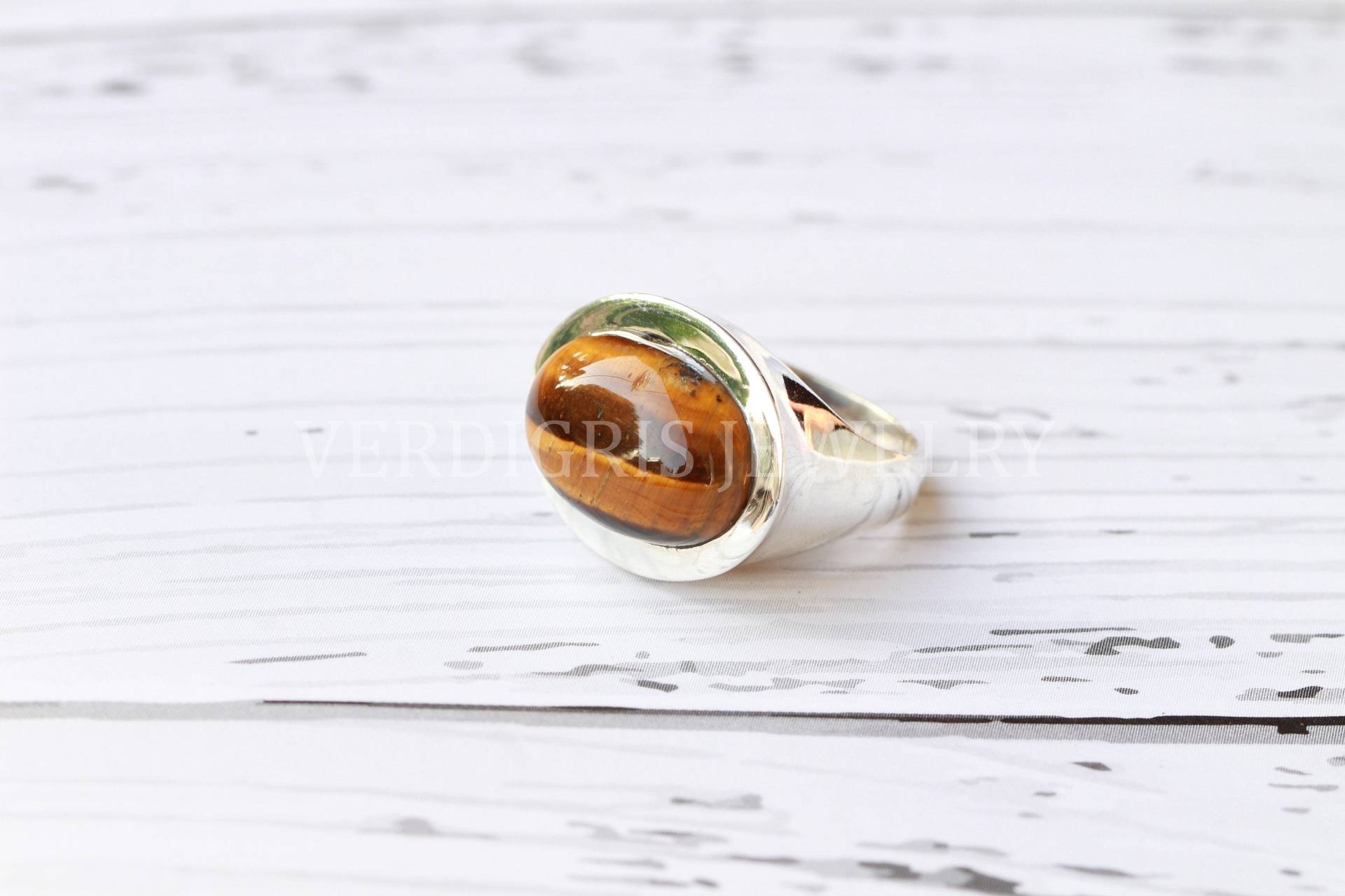 Chunky Natürliche Tigerauge Ring, Sterling Silber Anweisung Großer Edelstein, Handgemachtes Hochzeitsjubiläum Geschenk, Stärke Stein von VERDIGRISJEWELLERY