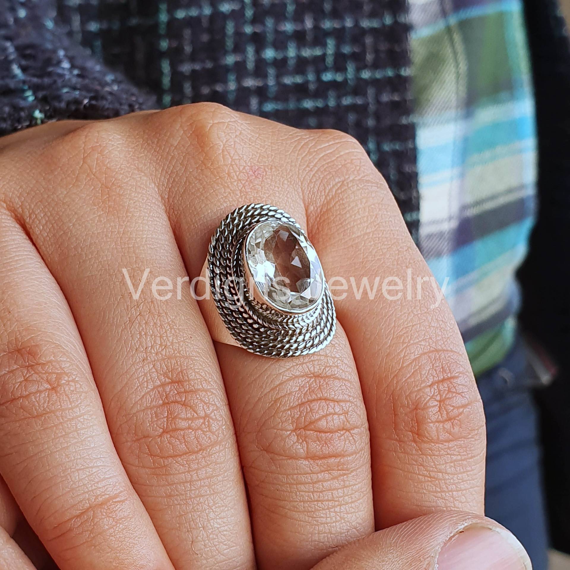 Natürlicher Crystal Clear Quartz Ring, Sterling Silber Schmuck, Edelstein Birthstone Ringe Für Frauen, Weihnachtsgeschenk, Handgemacht von VERDIGRISJEWELLERY