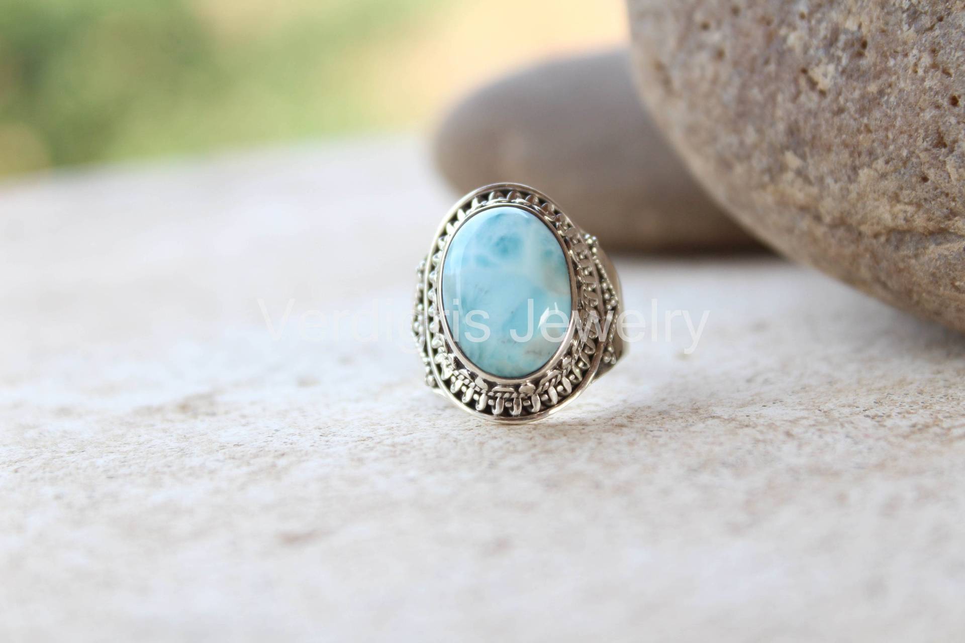 Natürlicher Larimar Ring Mit Sterling Silber Details, Handgefertigt, Silberschmuck, Edelsteinschmuck, Weihnachtsgeschenk, April Geburtsstein, Boho von VERDIGRISJEWELLERY