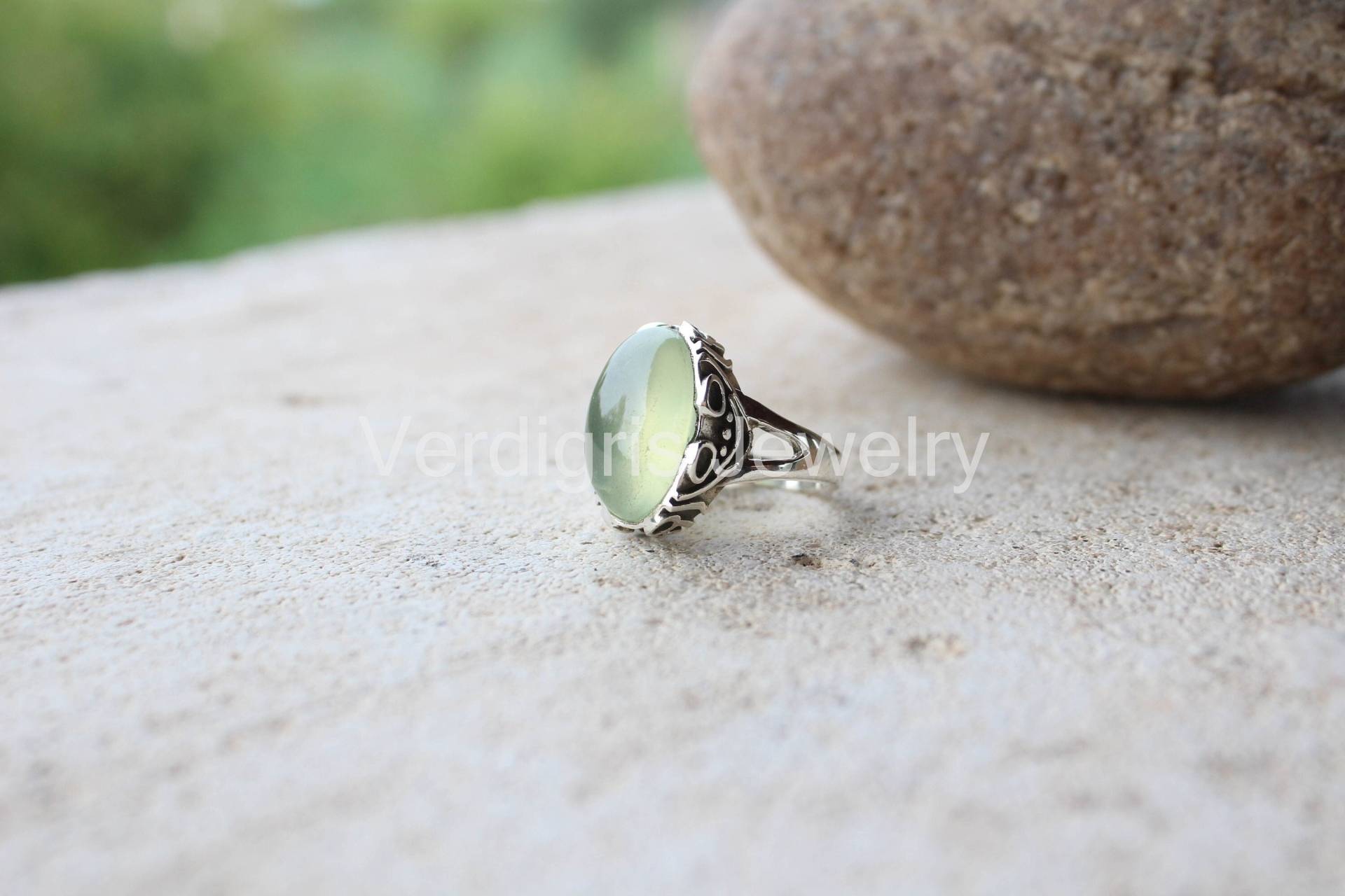 Natürlicher Prehnit Sterling Silber Ring, Edelstein Schmuck, Weihnachtsgeschenk, Silberschmuck, Birthstone Juli von VERDIGRISJEWELLERY