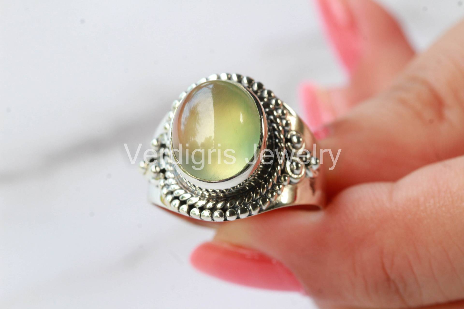 Natürlicher Prehnit Sterling Silber Ring, Edelstein Schmuck, Weihnachtsgeschenk, Silberschmuck, Birthstone Juli von VERDIGRISJEWELLERY