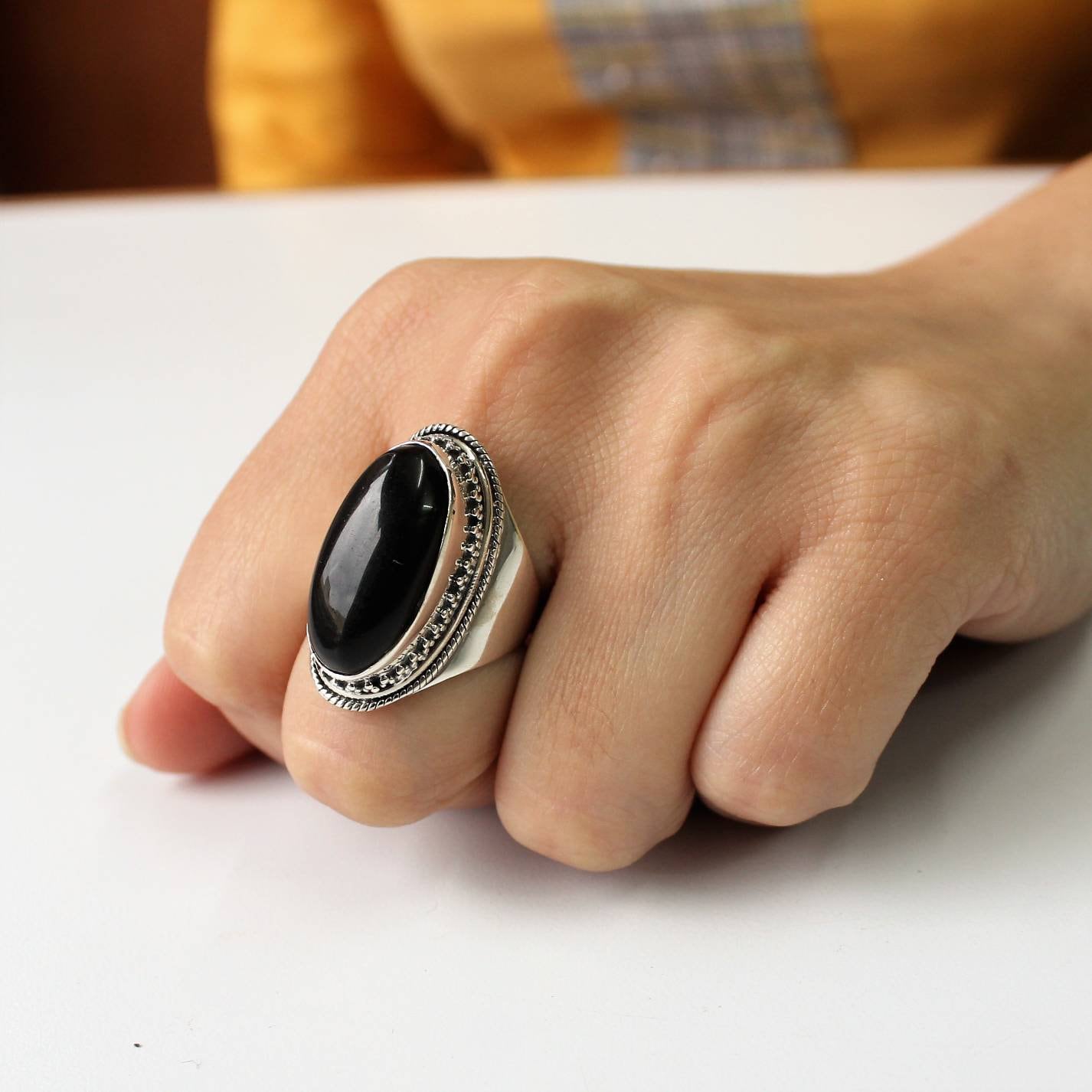 Schwarzer Onyx-Ring, Großer Edelsteinring Aus Sterlingsilber, Statement-Ring von VERDIGRISJEWELLERY