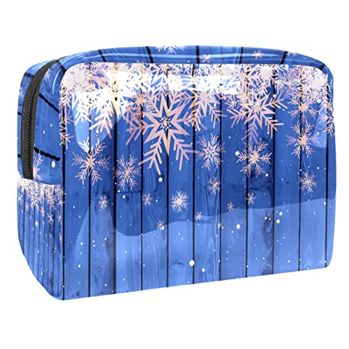 Weihnachtsschneeflocken auf blauem Holzhintergrund Schminkpinsel Beauty Bag Organizer Kosmetiktasche von VERED