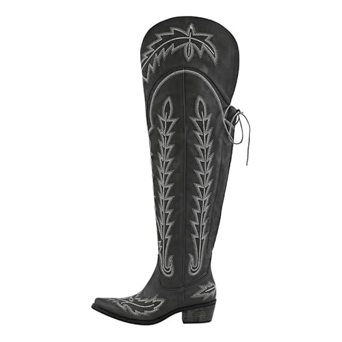 VERISSON Cowboy Stiefel Stickerei Damenstiefel Overknee Boots Western Absatz mit Schnürung Klassische Westernstiefel Schwarz 42 EU von VERISSON