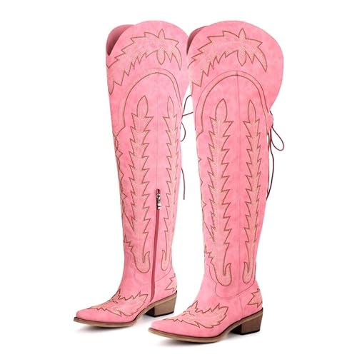 VERISSON Cowboy Stiefel Stickerei Damenstiefel Overknee Thigh High Boots Western Absatz Weitschaftstiefel Glattleder Rosa 41 EU von VERISSON