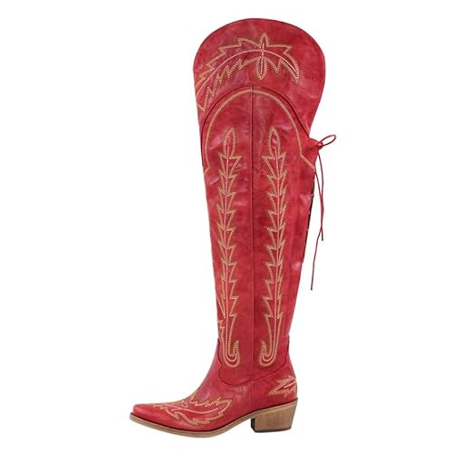 VERISSON Cowboy Stiefel Stickerei Westernstiefel Cowgirl Boots Stacked Heel Western Absatz Ziernaht Schnürstiefel Rot 40 EU von VERISSON