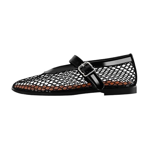 VERISSON Damen Ballerinas Riemchen Flache Schuhe mit Schnalle Fischnetz Ballets Lackoptik Schwarz 46 EU VERISSON Damen Ballerinas Riemchen Flache Schuhe mit Schnalle Fischnetz Ballets Lackoptik Schwarz 46 EU von VERISSON