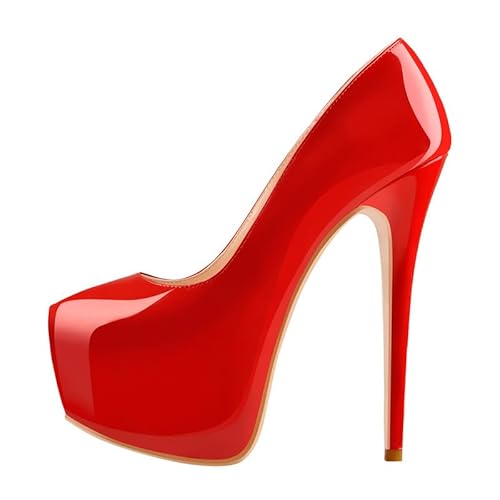 VERISSON Damen Klassische Plateau High Heels Slip on Pumps Pfennigabsatz Stöckelschuhe Lackleder Rot 42 EU von VERISSON