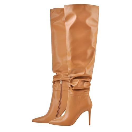 VERISSON Damen Klassische Stiefel Weitschaft Stiletto Spitze Overknees Zipper Boots Schlupfstiefel PU Cognac 38 EU von VERISSON
