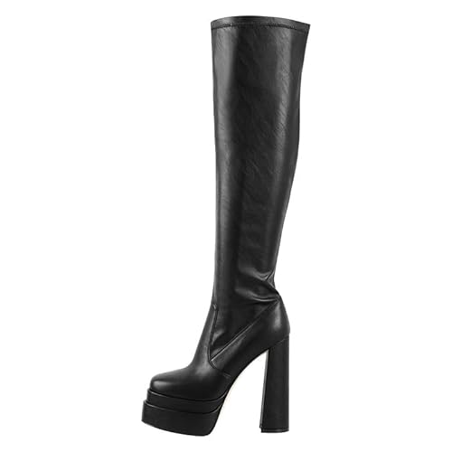 VERISSON Damen Plateau Stiefel Blockabsatz Langschaft Kniehohe High Heels Stretch Boots Zipper Glattoptik Schwarz 42 EU von VERISSON