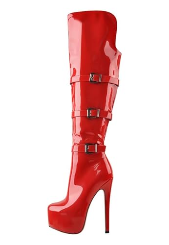 VERISSON Damen Plateau Stiefel High Heels Langschaft Overknee Boots Stilettos mit Punk Schnalle Lack Rot 39 EU von VERISSON