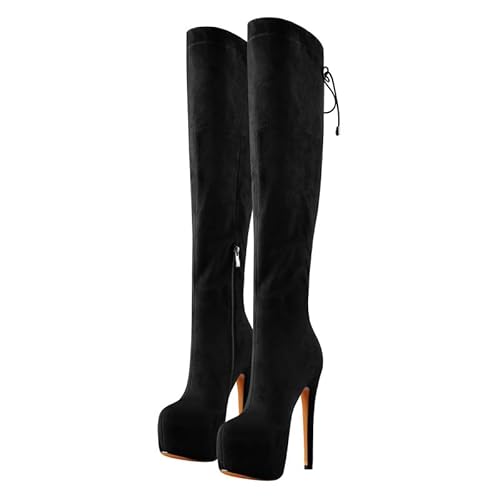 VERISSON Damen Plateau Stiefel Pfennigabsatz Overknee Boots Schnürstiefel Überknie Elegante Damenschuhe Velousoptik Schwarz 43 EU von VERISSON