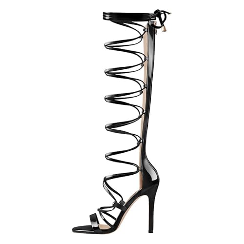 VERISSON Damen Sandaletten High Heels Kniehohe Römersandalen Riemchensandalen mit Stiletto Absatz Reißverschluss Sandalen Metallic Schwarz 43 EU von VERISSON