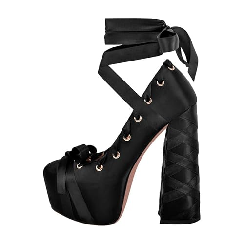 VERISSON Damen Schnürpumps Plateau Blockabsatz High Heels Lolita Pumps Skyheels Satin Schwarz 38 EU VERISSON Damen Schnürpumps Plateau Blockabsatz High Heels Lolita Pumps Skyheels Satin Schwarz 38 EU von VERISSON