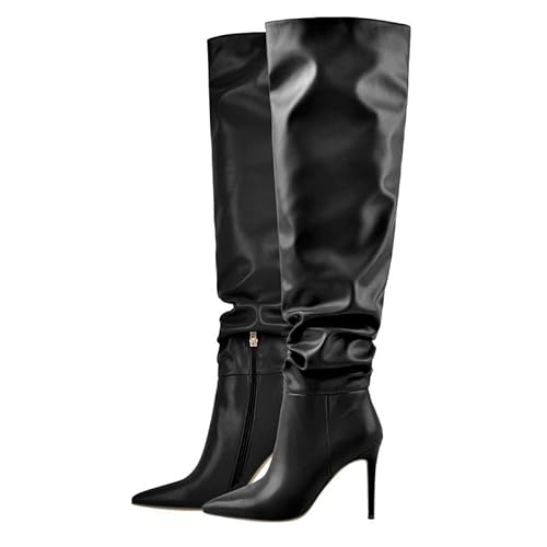 VERISSON Damen Spitze Stiefel Stiletto Overknee Zipper Boots Schlupfstiefel mit Raffung Glattoptik Schwarz 39 EU von VERISSON
