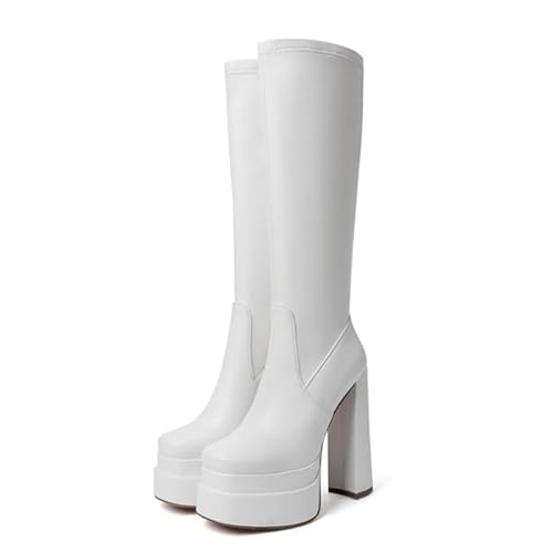 VERISSON Damen Stretch Boots Knee High Stiefel Plateau Blockabsatz Glattoptik Weiß 38 EU von VERISSON