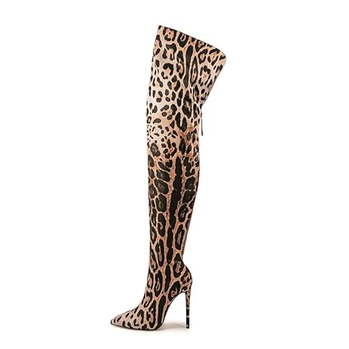 VERISSON Damen Stretch Boots Spitze Stiefel Overknees Hoher Stiletto Absatz Leopards Print Braun 37 EU von VERISSON