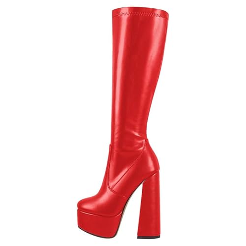 VERISSON Damen Stretch Stiefel Plateau Kniestiefel mit Blockabsatz Boots Glattoptik Rot 46 EU von VERISSON