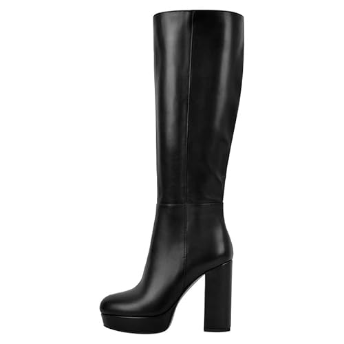 VERISSON Plateau Stiefel Kniehoch Langschaft Boots mit Blockabsatz Klassische Reißverschlussstiefel Lederoptik Schwarz 37 EU von VERISSON