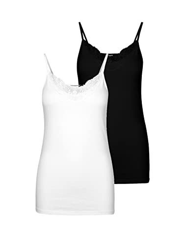 VERO MODA Damen 2er-Pack Spaghetti-Träger Top Oberteil Lingerie Shirt Spitze, Farbe:Schwarz/Weiß, Größe:M von VERO MODA