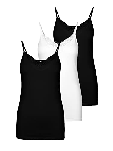 VERO MODA Damen 3er-Pack Spaghetti-Träger Top Oberteil Lingerie Shirt Spitze, Farbe:Schwarz/Weiß, Größe:S von VERO MODA