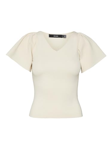 VERO MODA Damen Geripptes Rüschen T-Shirt Kurzarm V-Neck Top Strick Stretch Shirt Puffer Ärmel VMGINNY, Farben:Beige, Größe:XS von VERO MODA