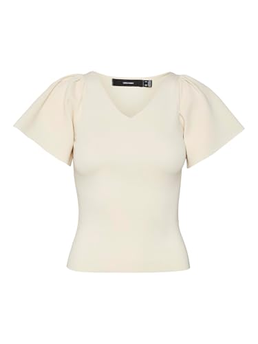 VERO MODA Damen Geripptes Rüschen T-Shirt Kurzarm V-Neck Top Strick Stretch Shirt Puffer Ärmel VMGINNY, Farben:Beige, Größe:XXL von VERO MODA
