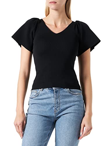 VERO MODA Damen Geripptes Rüschen T-Shirt Kurzarm V-Neck Top Strick Stretch Shirt Puffer Ärmel VMGINNY, Farben:Schwarz-2, Größe:XXL von VERO MODA