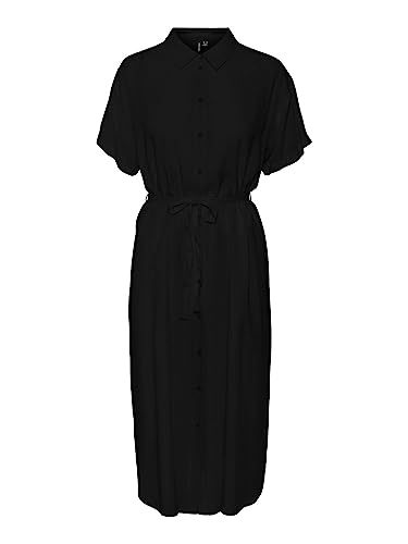 VERO MODA Damen Hemdblusen-Kleid VmBumpy Sommer-Kleid Kurz-Arm Kragen, Farbe:Schwarz, Größe:S von VERO MODA