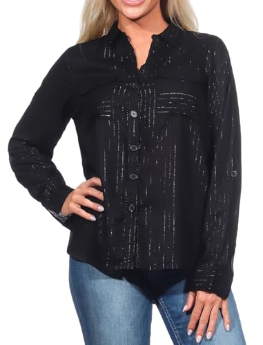 VERO MODA Damen Langarm Bluse Hemdbluse mit Glitzerfäden VMBumpy Glitter 10321777 Black Black Lurex XS von VERO MODA
