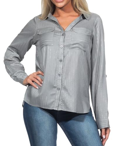 VERO MODA Damen Langarm Bluse Hemdbluse mit Glitzerfäden VMBumpy Glitter 10321777 Griffin Silver Lurex M von VERO MODA