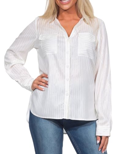 VERO MODA Damen Langarm Bluse Hemdbluse mit Glitzerfäden VMBumpy Glitter 10321777 Snow White Gold Lurex M von VERO MODA