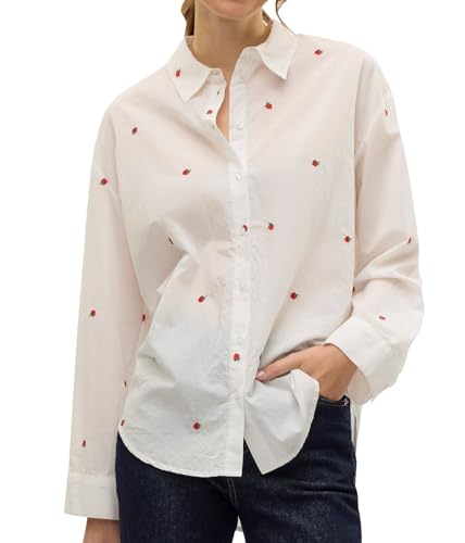 Vero Moda Damen Langarm Bluse VMOdona Hemdbluse mit gestickten Erdbeeren 10324629 Snow White Emb Strawberry L von Vero Moda